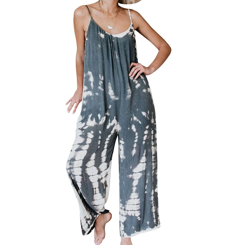 

2019 Summer Women Casual Sleeveless V- Neck Jumpsuits Fashion Ladies Flower Print Bodysuit Wide Leg Pants Long Trousers