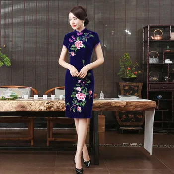 

Velvet Cheongsam Blue Qipao Long Traditional Chinese Dresses Oriental Silk Dress China Clothing Store Chinesisches Kleid