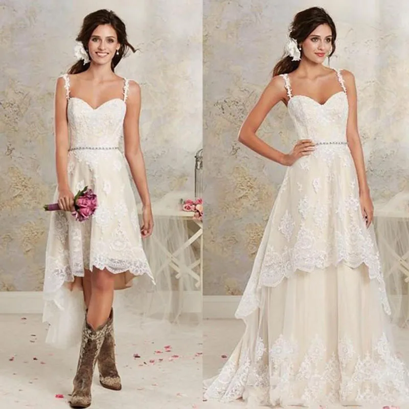 New Fashion High Low A Line Full Lace Removable Wedding Dresses