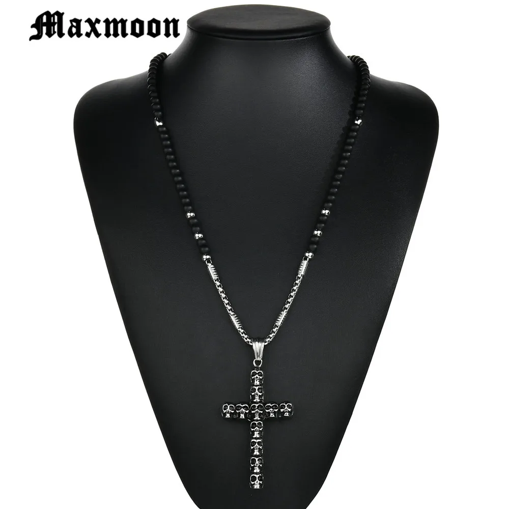 Maxmoon большой католический крест с черепом и черными бусинами резной Розарий