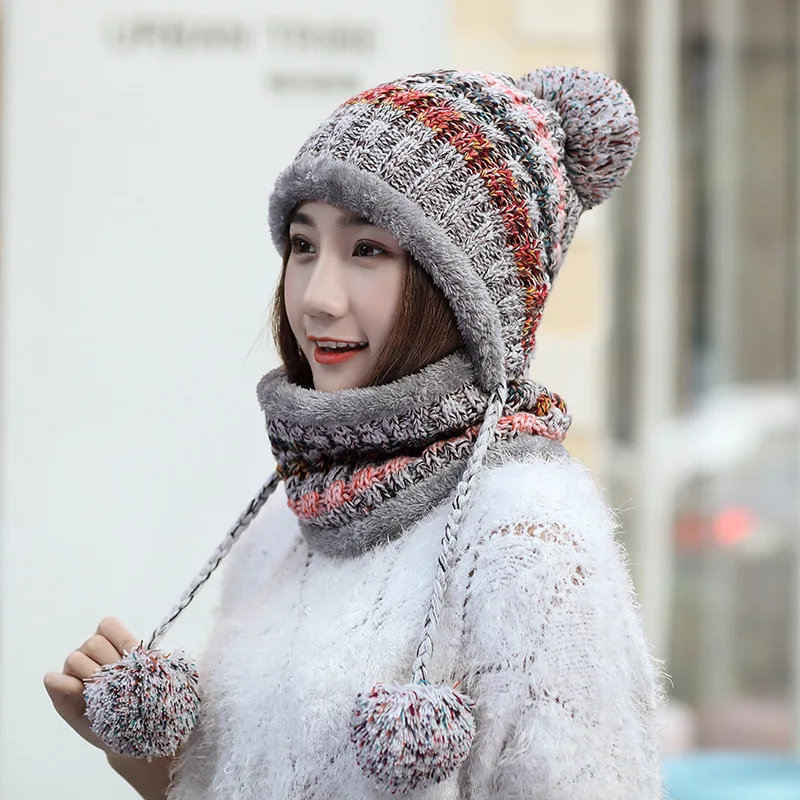 Seioum зима Для женщин вязаная шапка шарф 2 шт. комплект мода шерсть утолщение шляпа воротники женский Теплая шапка шарф множество снег шапки