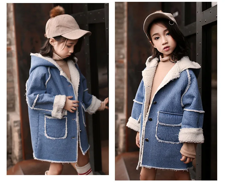 long thick denim trench coats for teenage girls long fleece hooded jeans jackets kids tops clothing children winter outerwears (6)