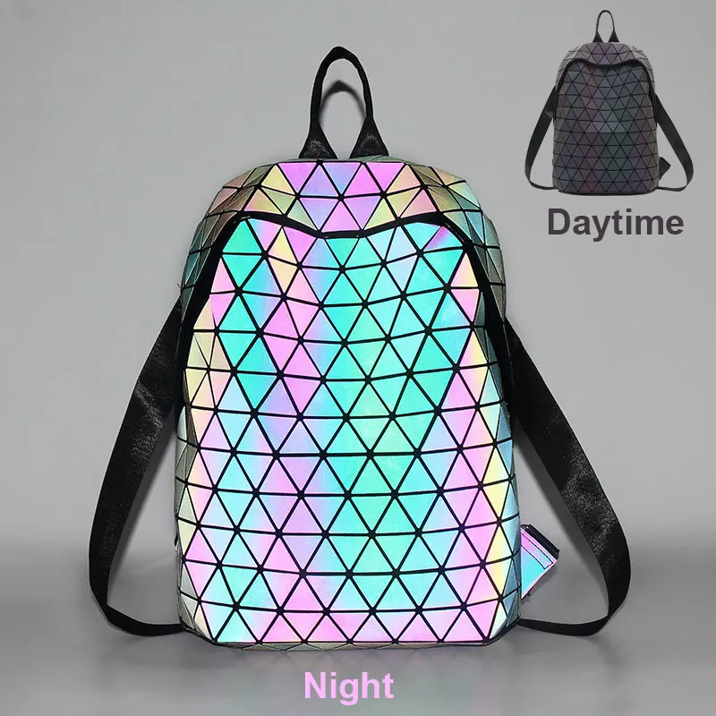 

Hot Rainbow Geometric Plaid Triangle Patchwork Laser Luminous Hologram PU Teenagers School bag Girl Folding Mini Women Backpack