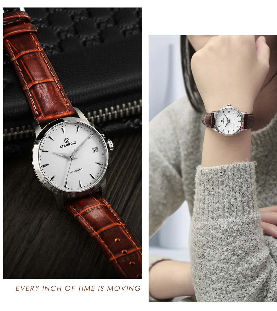 StarKing классические женские простые часы Автоматические из нержавеющей стали белый циферблат наручные часы Авто Дата женские механические