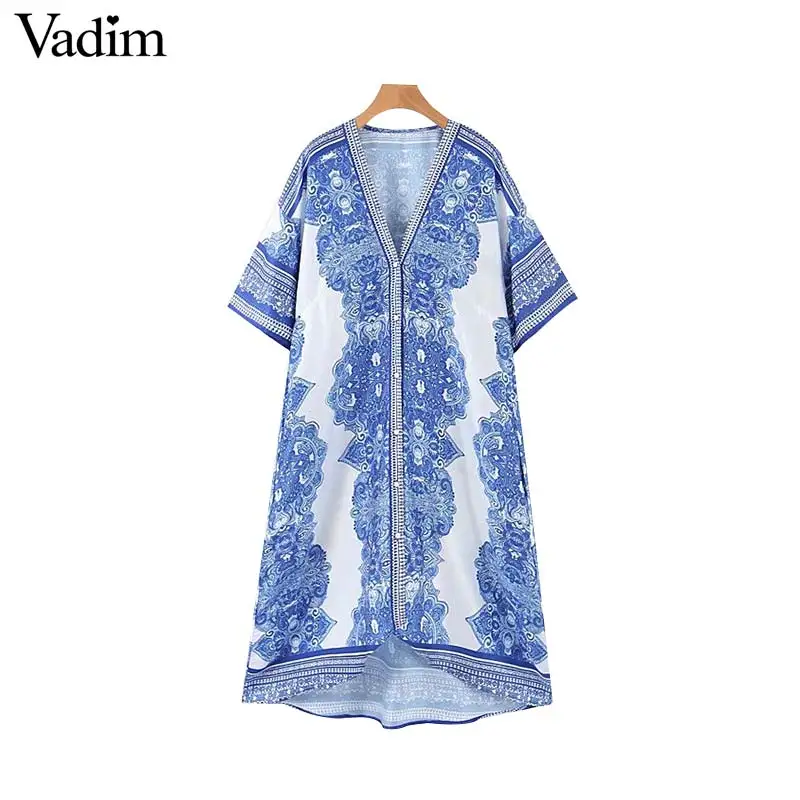

Vadim women Vintage print V neck midi dress oversized short sleeve female casual mid calf dresses summer chic vestidos QC526