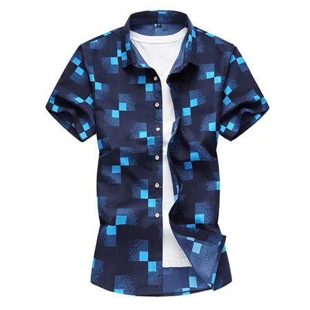 navy blue Мужские рубашки с геометрическим принтом, короткий рукав, пуговицы, рубашка с отложным воротником, большой размер, M-7XL, небесно-голубой, темно-синий, белый цвет, мужская одежда A8 - Цвет: navy blue