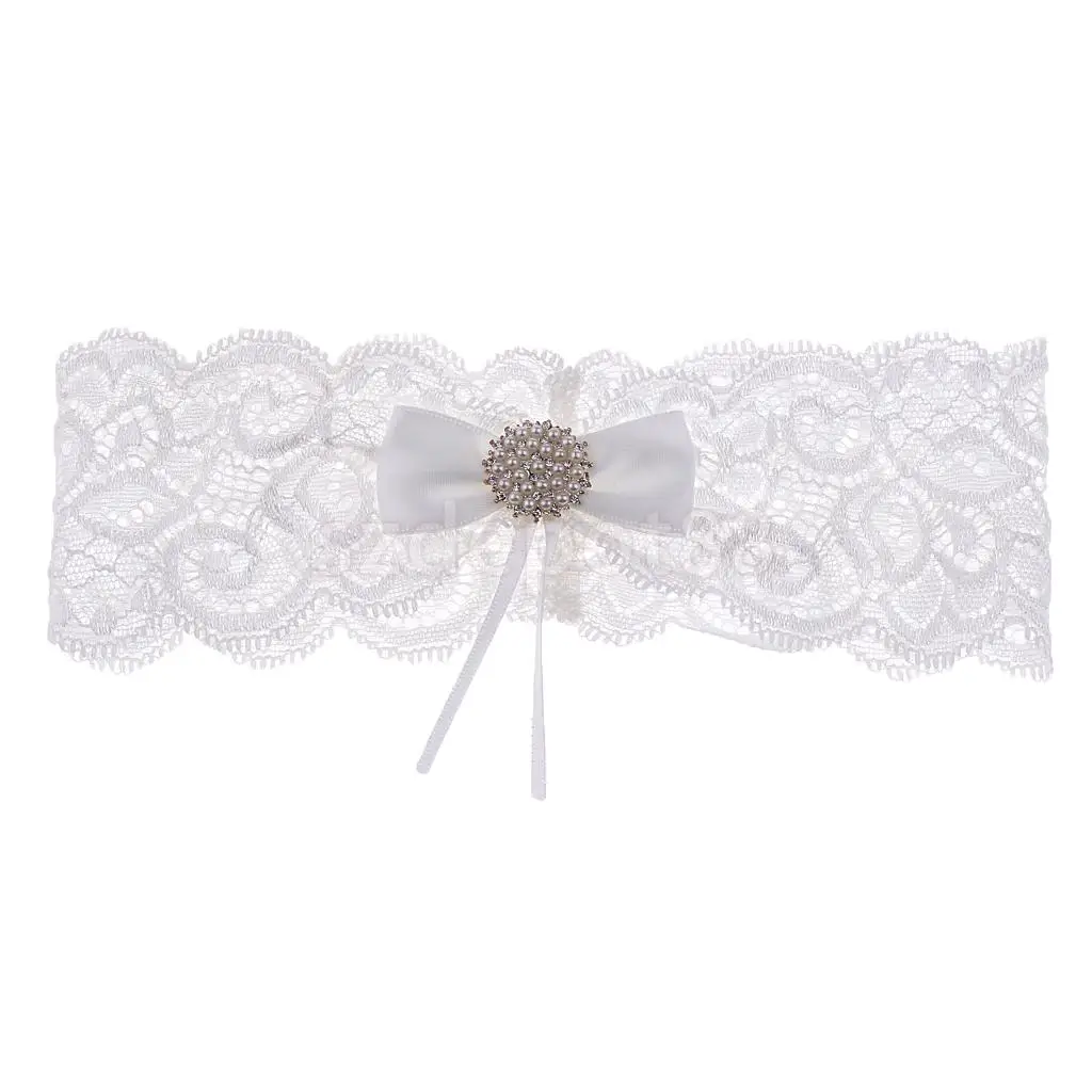 Wedding Bowknot Rhinestone Pearls Lace Garter Bride Flower Applique Keep Toss Bridal Shower White