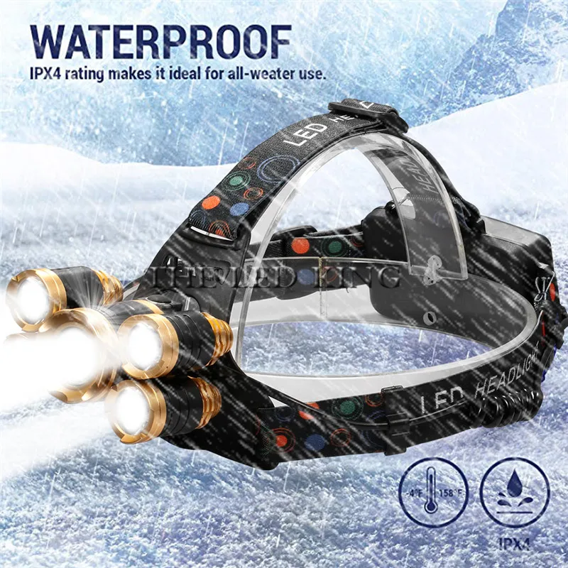 2019 LED Headlight 30000lm headlamp 5*T6 Zoomable Head Lamp Waterproof Flashlight Torch light use 18650 Battery for Fishing | Освещение