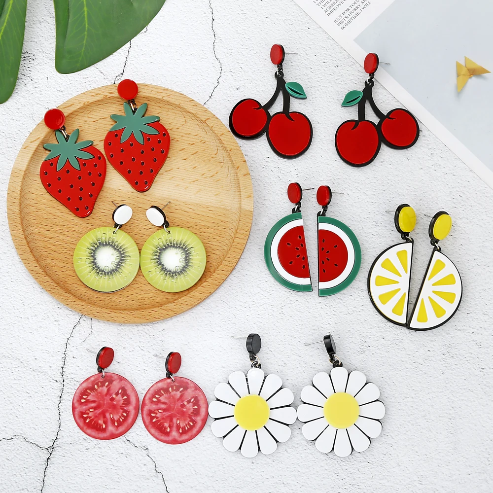 Acrylic Watermelon Lemon Strawberry Sunflower Kiwi Tomato Cherry Earrings for Women
