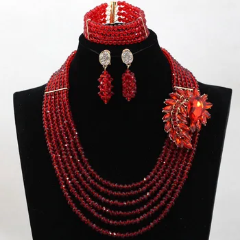 

New 5 Layer African Nigerian Indian beads Traditional Bridal Wedding Party Jewelry Set Necklace Earrings Bracelets hx117