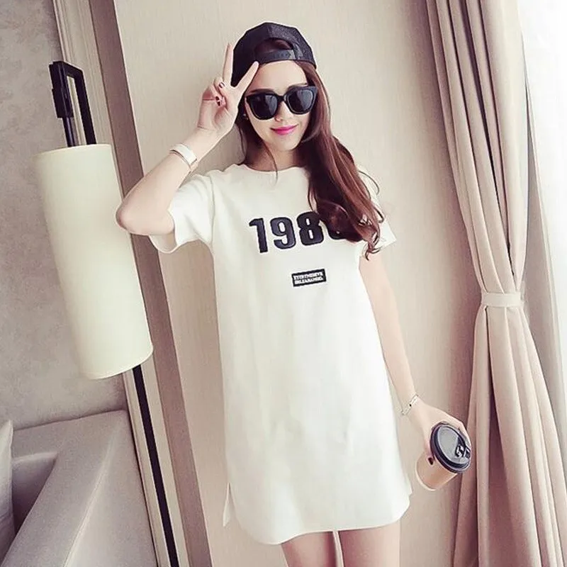 

Women Summer Long T- shirt Short Sleeve Long Casual Tops Number Printed Cotton Slim Loose T-shirt