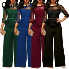 Fashion Women Plus Size Jumpsuit Hot Sale Loose Solid Color Playsuit Party Romper Half Lace Sleeve Party Elegant Long Jumpsuit Fashion Women Plus Size Jumpsuit Hot Sale Loose Solid Color Playsuit Party Romper Half Lace Sleeve Party Elegant Long Jumpsuit