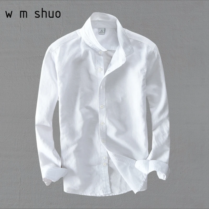 

Cotton Linen Solid White Long Sleeve Men Casual Shirts Y076