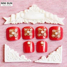 2016 Hot Sale Summer Toenails 24pcs Pearl Contracted French Jewelry Red Color Design Short Square Sculpt Full False Toe Nails