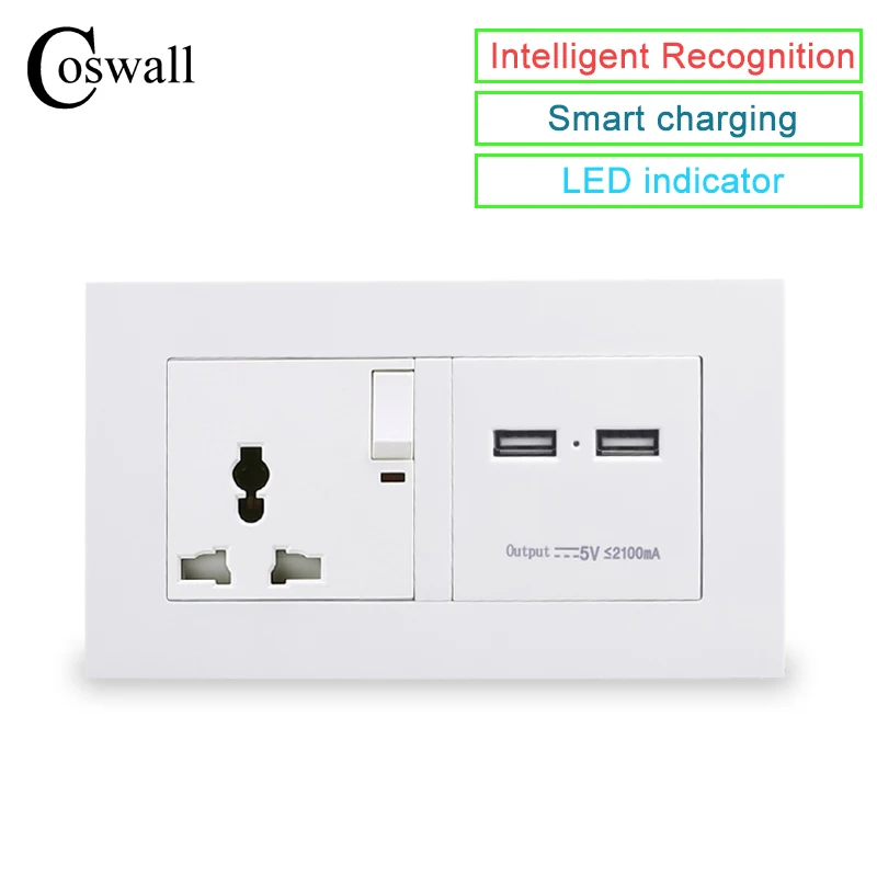 COSWALL 13A универсальная настенная розетка с 3 отверстиями двойным usb портом для