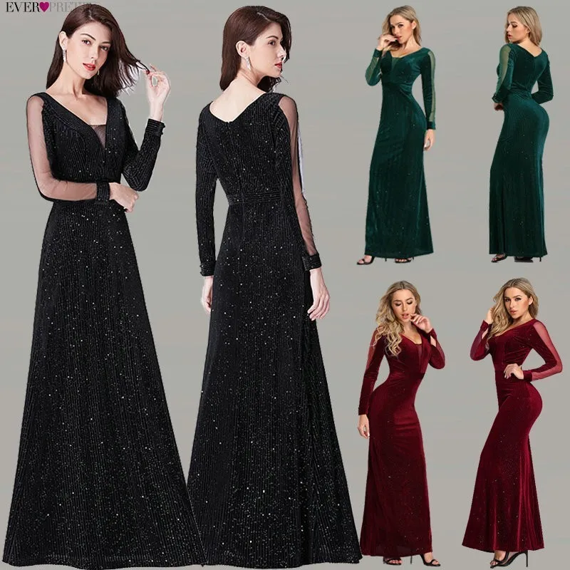 Evening Dresses 2019 Long Sleeve Ever Pretty V-neck Sparkle Elegant Little Mermaid Autumn Winter Long Formal Party Prom Gowns