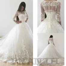 Vestido De Noiva, бальное платье принцессы, коллекция 3/4 года, кружевное свадебное платье с длинными рукавами, недорогое кружевное платье с жемчужинами и пуговицами на спине, Robe de Mariee