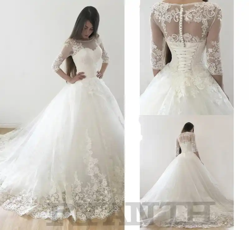 Vestido De Novia Vestido De Fiesta De Princesa 3 4 Vestido De Novia De Encaje De Manga Larga 2019 Vestido De Novia Barato Con Encaje En La Espalda Con Botones De Perlas Aliexpress