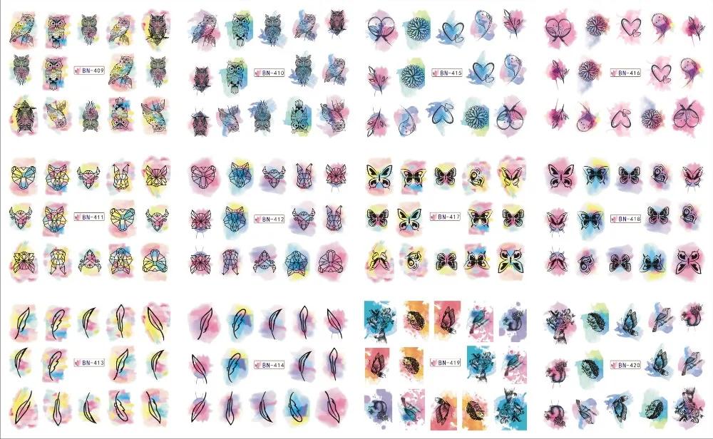 

UPRETTEGO 12 PACKS / LOT NAIL ART BEAUTY WATER DECAL SLIDER NAIL DYED BUTTERFLY OWL ANIMAL FEATHER HEART BN409-420