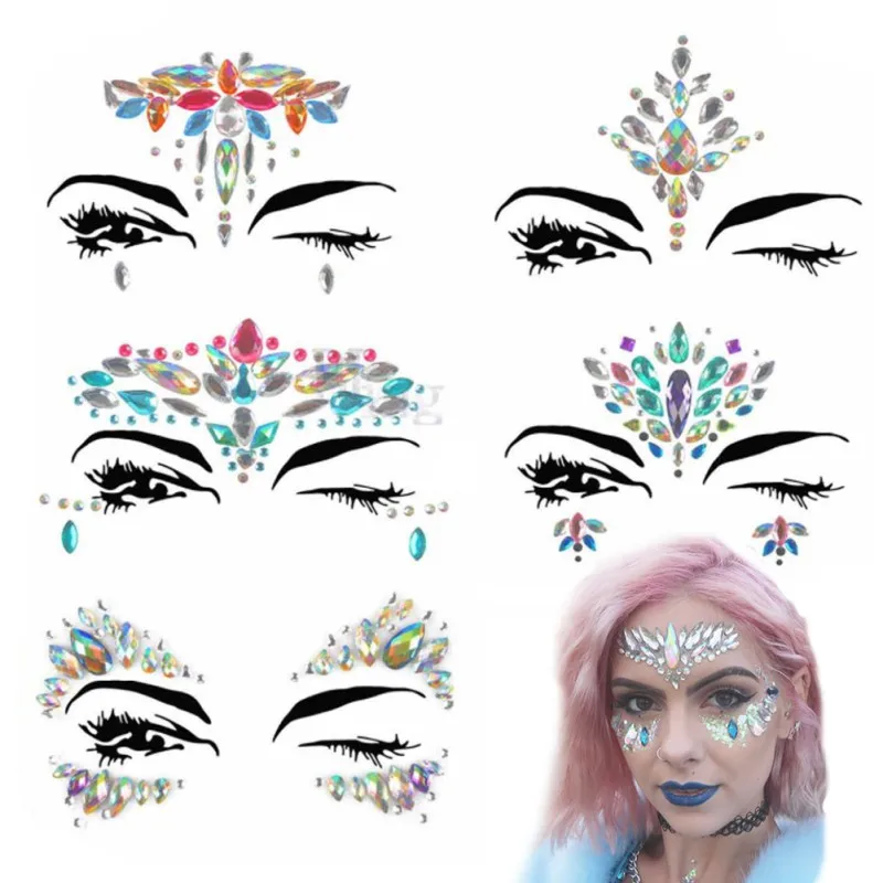 

6Pcs Body Temporary Tattoos Face Gems Rhinestone Tattoo Festival Jewels Glitter Bindi Crystals Rainbow Tears Stickers New