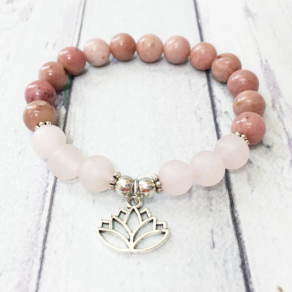 

MG0513 New Design Women`s Chakra Bracelet Matte Rose Quart z Rhodonite Bracelet Lotus Yoga Balance Jewelry Wholesale