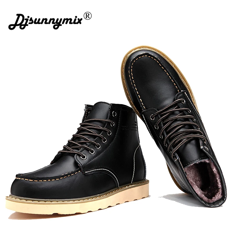 

DJSUNNYMIX Genuine Leather Safety Work Boots Crazy Horse Leather Martin Boots Men Fashion Desert Boots High Top warm snow Shoes