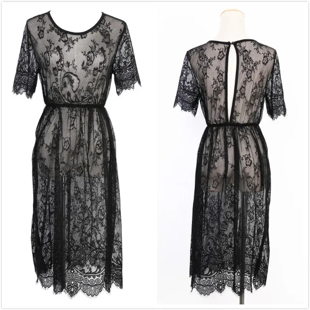 Black Sheer Sexy Beach Cover Up Lace Embroidered Mesh Cover Ups Short