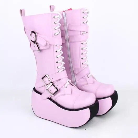 

Women's Lace Up Muffins Platform Punk Buckle Lolita Gothic Mid Calf Boots Shoes A5