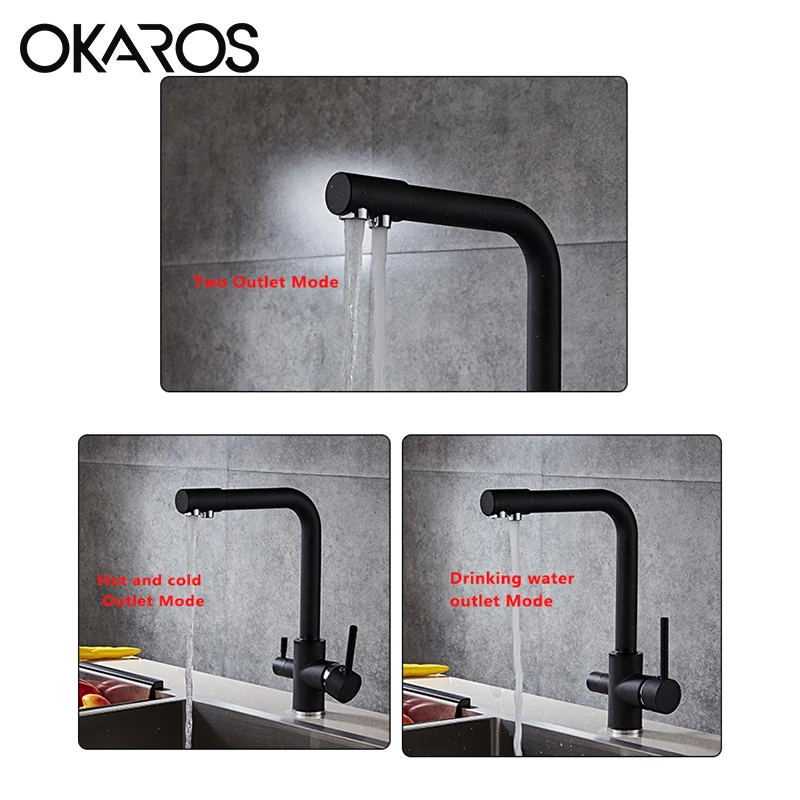  OKAROS Black Kitchen Faucet Water Brass Purifier Faucet Dual Sprayer Drinking Water Tap Vessel Sink - 32838034872