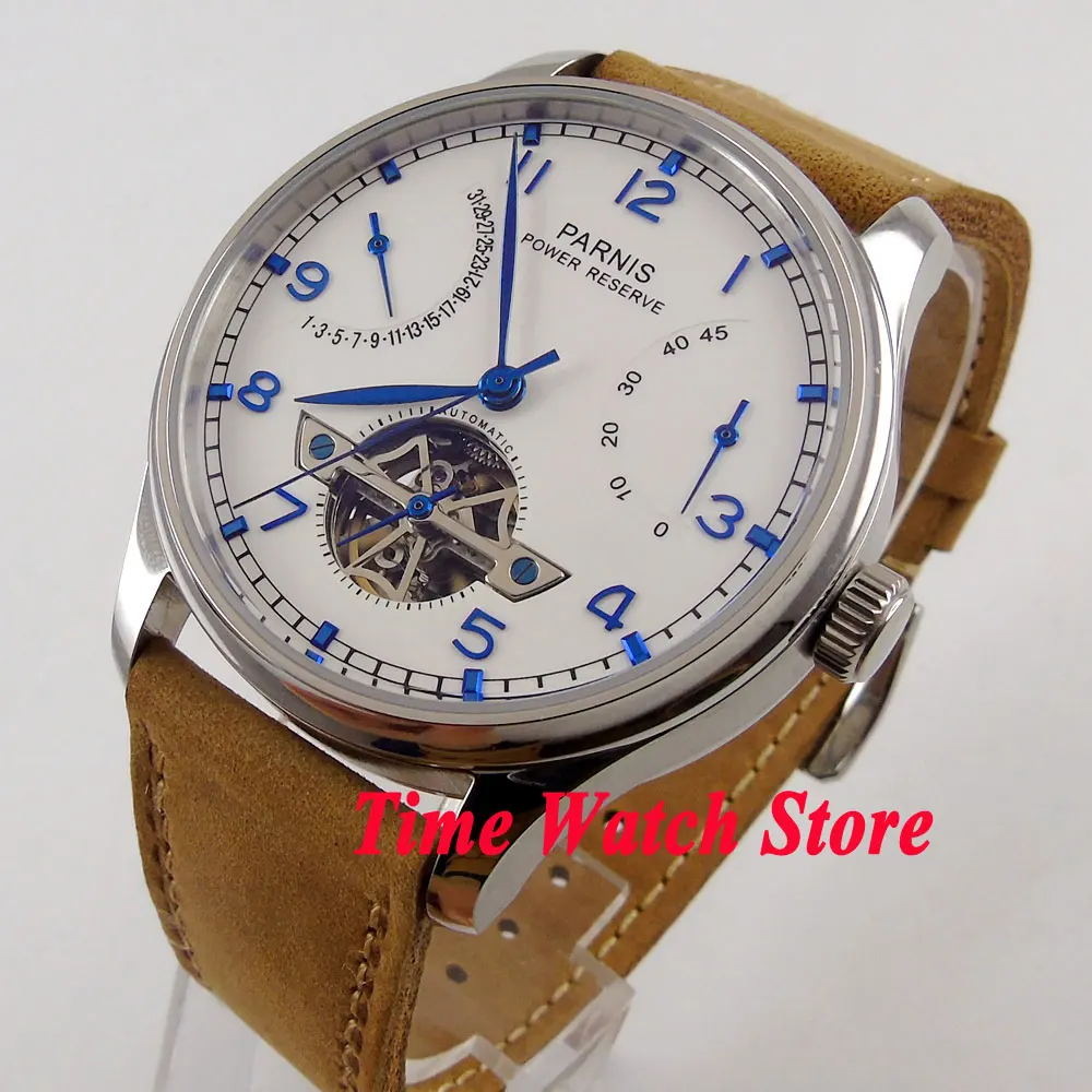 

Parnis 43mm white dial power reserve cow leather strap Automatic men's watch P13