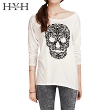 HYH Haoyihui Женская белая футболка с принтом черепа Повседневная Обычная футболка с круглым вырезом и длинными рукавами Новая модная летняя футболка