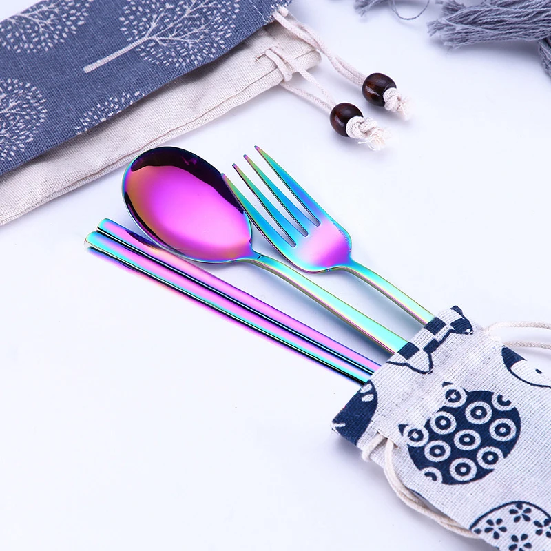 

Travel Portable Dinnerware Sets 304 Stainless Steel Cutlery Fork Spoon Chopsticks With Cloth Pack Utensil Tableware Kitchen Tool