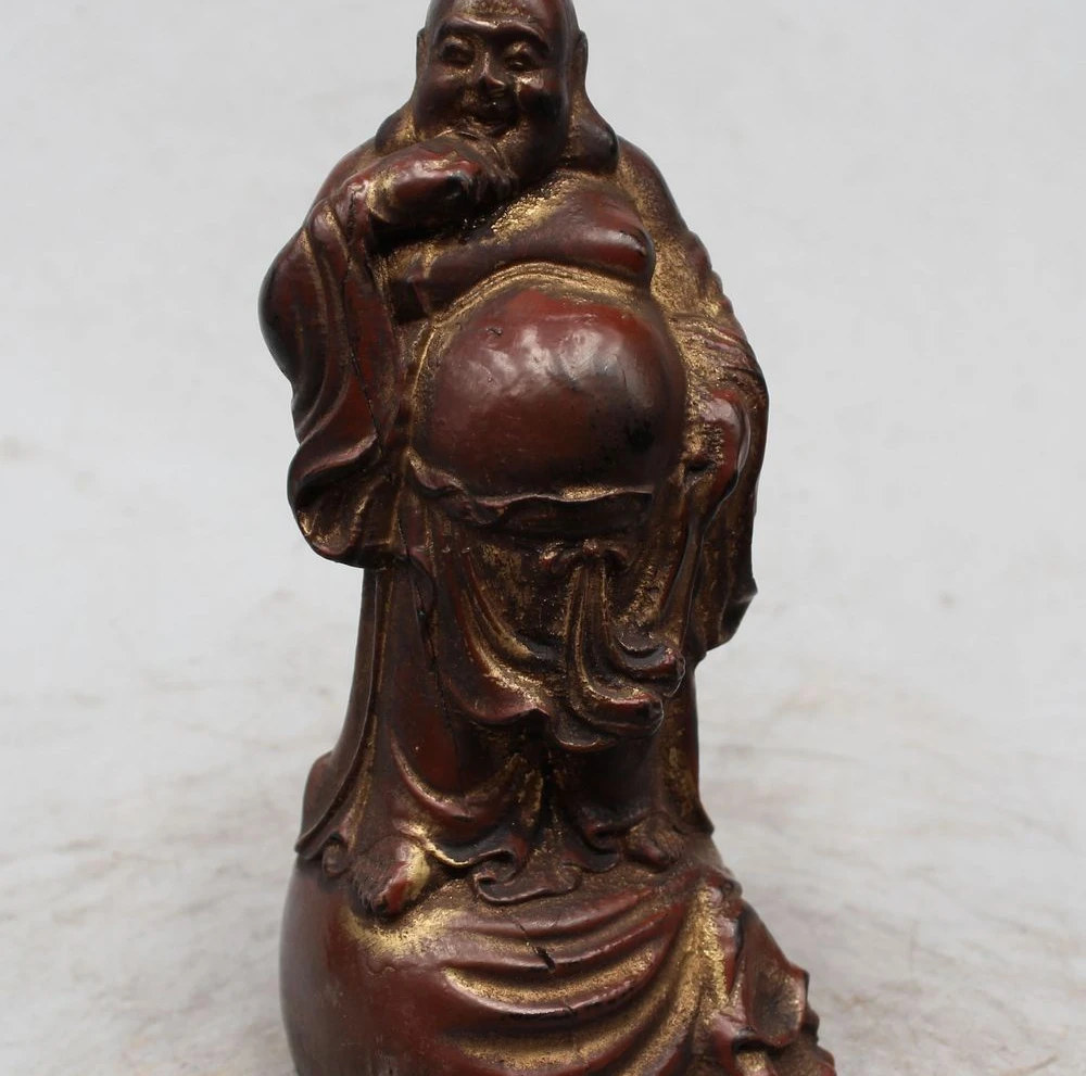 

7" Chinese Buddhism Wood Stand Happy Laugh Maitreya Buddha Money Bag Statue
