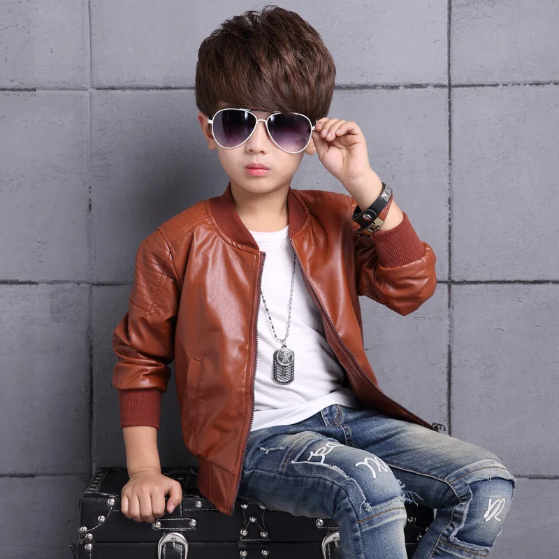 

2019 Hot Autumn Winter Baby Boys Kids Thin Section Jackets Children Solid Full PU Faux Leather Coats 5-16y Outerwear Clothing