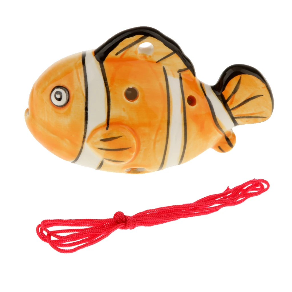 Portable Instrument Fish Shape 6 Holes Ocarina Ceramic Orange Musical Strap with Finger Chart Textbook