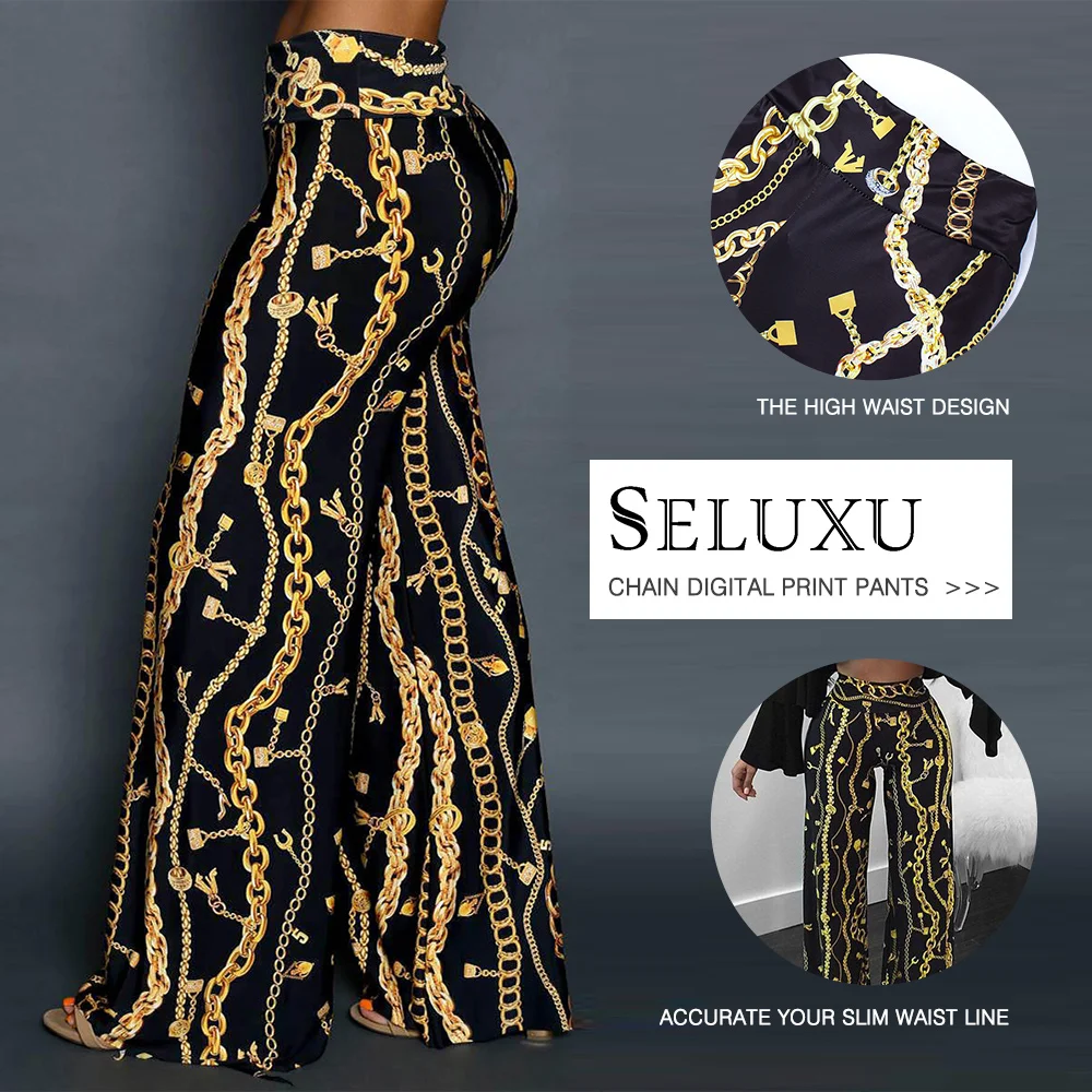 Seluxu Casual Wide Leg Pants Barocco Style 2019 Fashion Pants Women Digital Print Black Color High Waist Loose Trousers -C Seluxu Casual Wide Leg Pants Barocco Style 2019 Fashion Pants Women Digital Print Black Color High Waist Loose Trousers -C