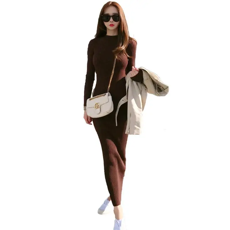 

Women 2018 New Autumn Winter Sexy Long Sweater Knitted Dress Lady Slim Elastic Bodycon Solid Dress Female Pullover Vestidos V146