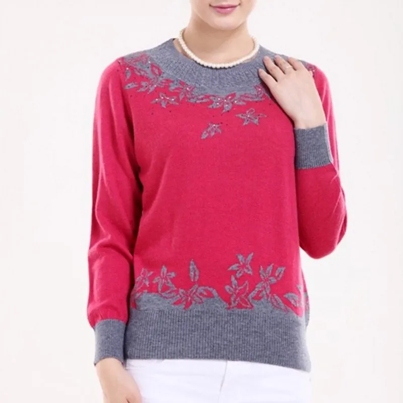 New winter Ms. intarsia Cashmere Sweater round neck Sweaters knit middle-aged Slim Warm Fashion wild Cashmere pullover Female