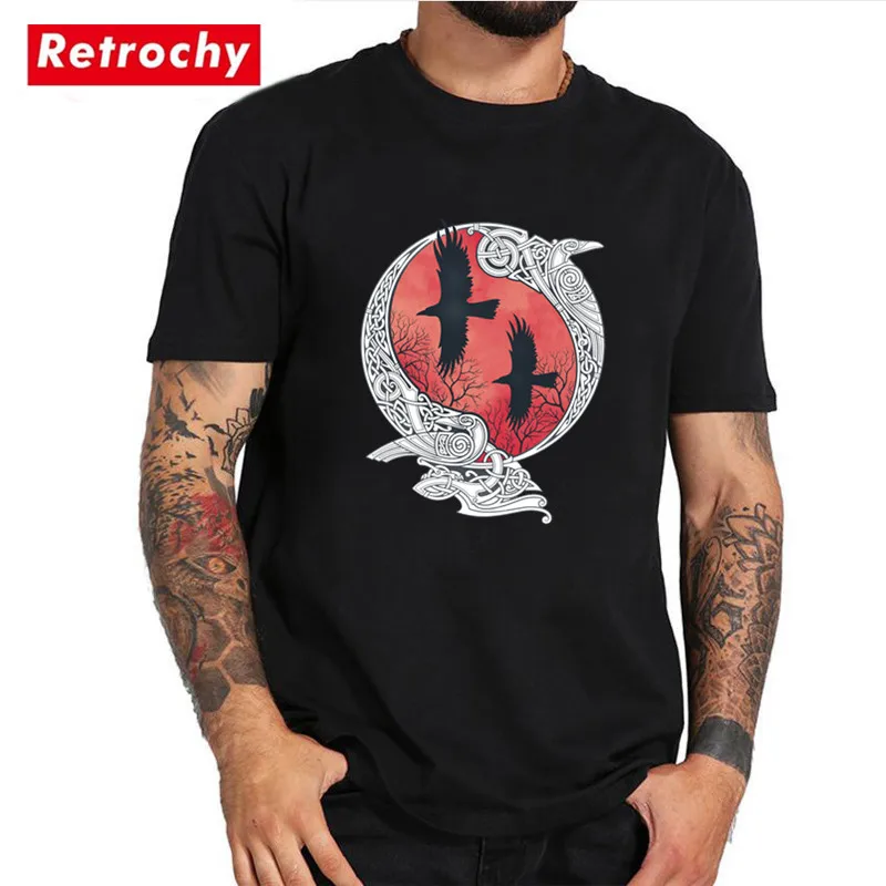 

HUGIN&MUNIN raven viking odin T Shirts men 100% Cotton Ragnar Lothbrok Valhalla Floki T-shirt male amazing pattern Viking tshirt