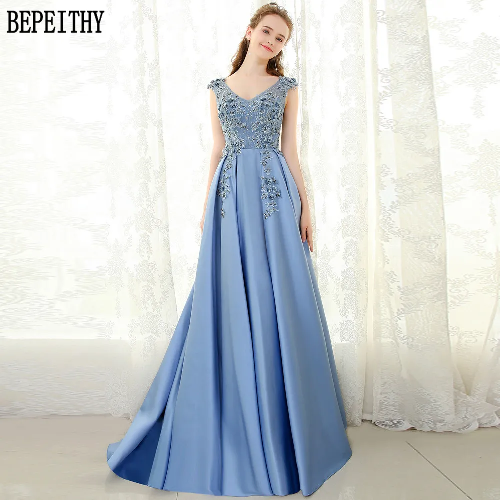 7    BEPEITHY Vestido De Festa Elegant A-Line Satin V-Neck Beads Appliques Evening Dress Party Long Prom Gown 2017 (2)