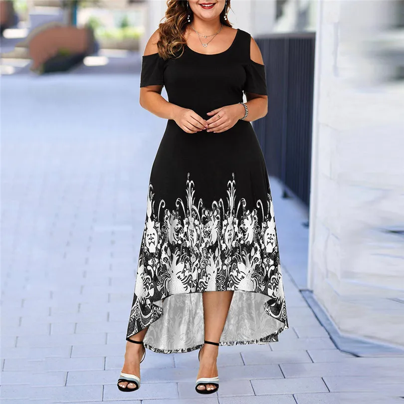 2019 New Summer Women Casual Plus Size Print Dress O-Neck Print Off-Shoulder Short Sleeve Waist Dress #E11 (6)
