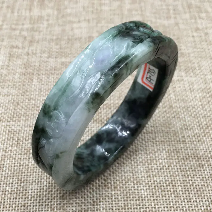 

A-755 Vintage Chinese Hand-carved Black Green Jadeite Jade Bangle Bracelet 57mm 28% 10.13