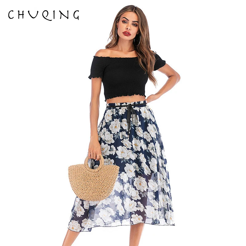 

CHUQING Chiffon Print Skirt Summer Beach Floral Casual Skirt 2019 New High Waist Lace Half-length Midi Skirt Women