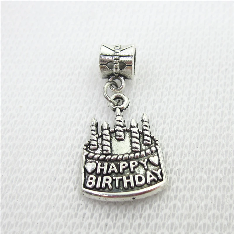 

20pcs/lot Silver Happy Birthday Cake Charms Big Hole European Beads dangle charms diy fashion bracelets jewelry accessory