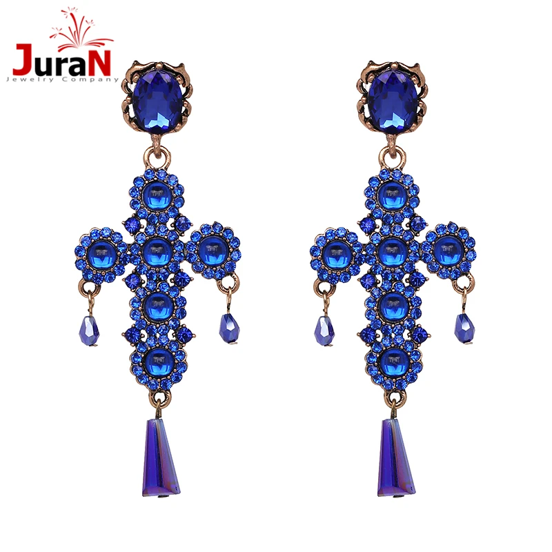 JURAN vintage big statement dangle earrings for women 2019 new arrival luxury cross crystal long tassel drop earrings jewelry - Image 2