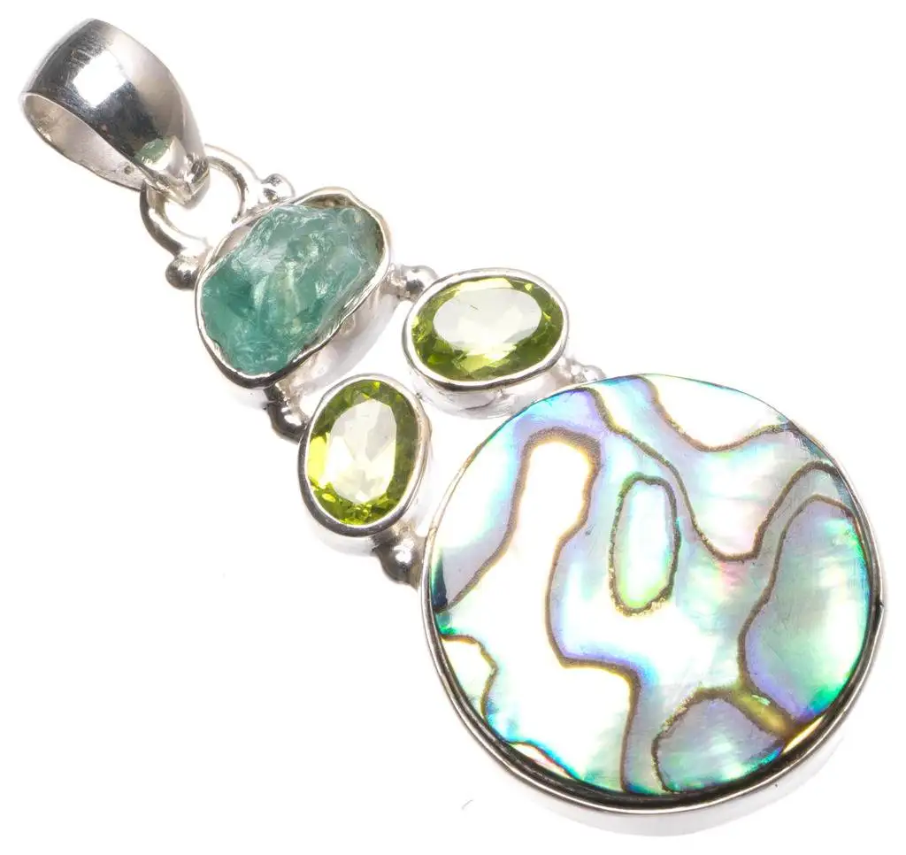 

Natural Abalone Shell,Peridot and Dyed Crystal Mexican 925 Sterling Silver Pendant 2" U0516