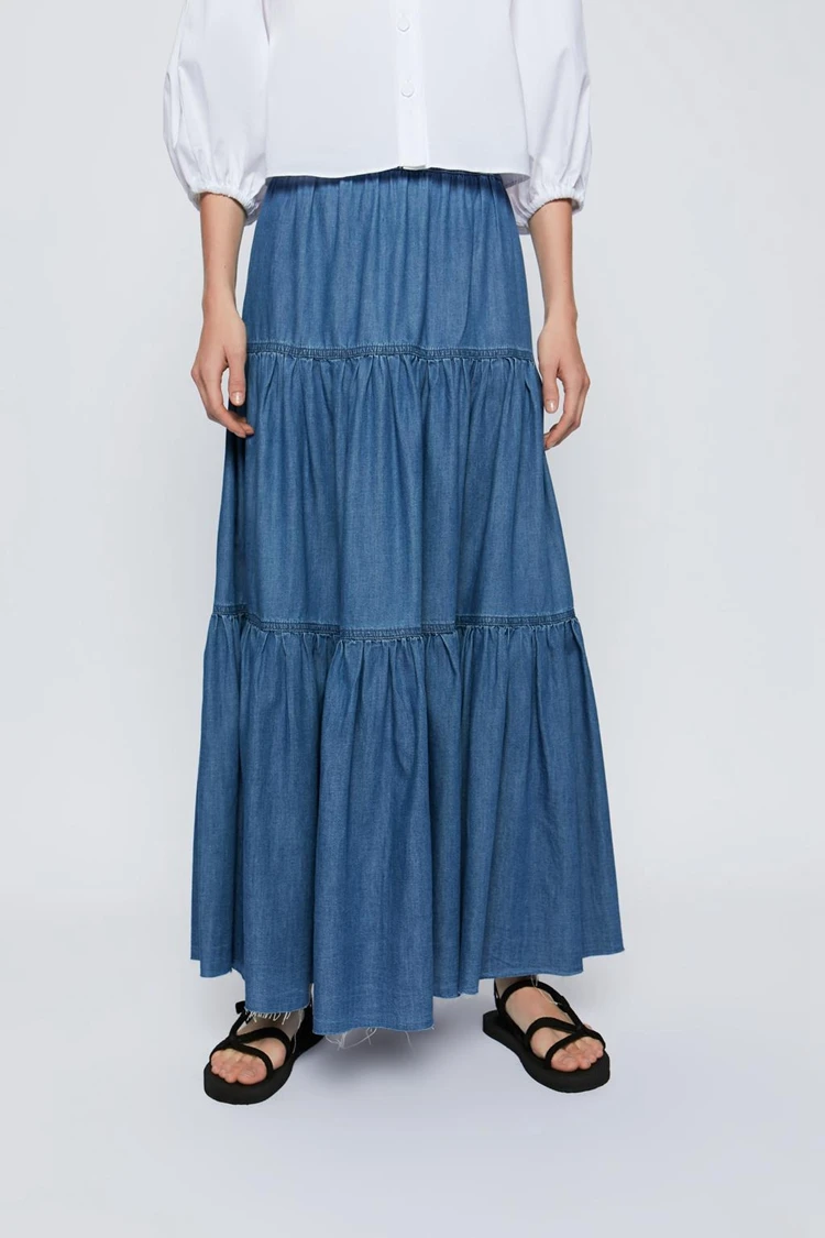 Высококачественная плиссированная джинсовая юбка с эластичной резинкой на талии женская одежда на весну, лето и осень длинная джинсовая юбка