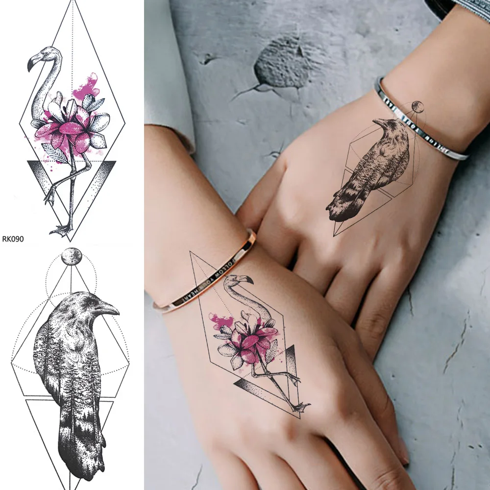 

25 Style Geometric Flamingo Lotus Temporary Tattoo Sticker Fashion Fake Tatoo Bird Body Art Wrist Women Men DIY Custom Crow Line