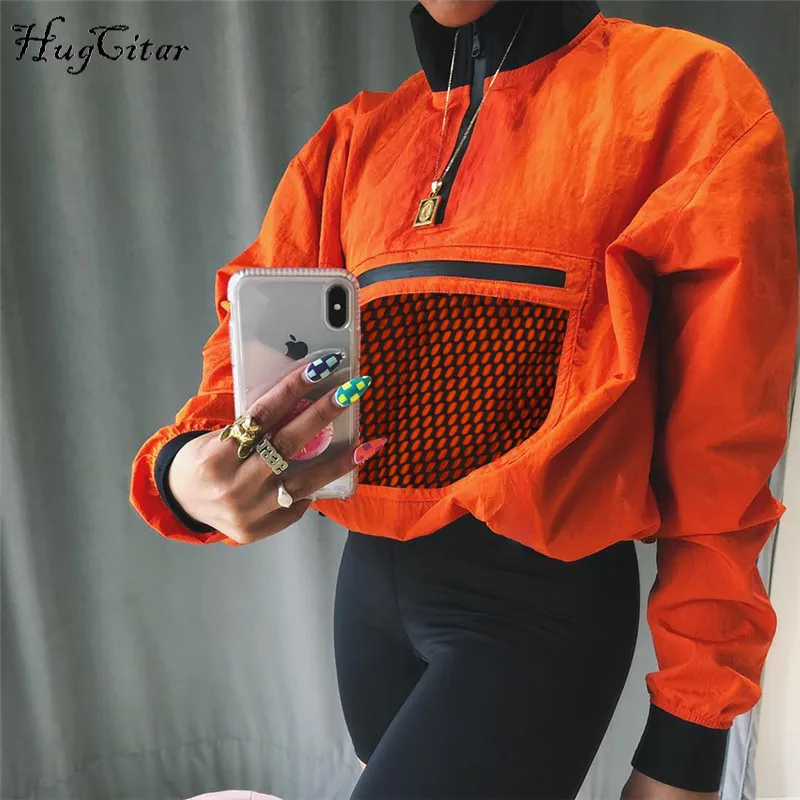  Hugcitar Long Sleeve Mesh Pocket Patchwork Collar Zipper Tops 2018 Summer Autumn Women Fashion Loos