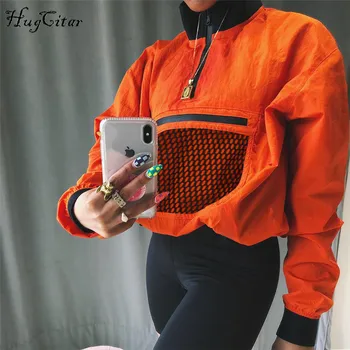 

Hugcitar Long Sleeve Mesh Pocket Patchwork Collar Zipper Tops 2018 Summer Autumn Women Fashion Loose Casual Female Sweatshirt